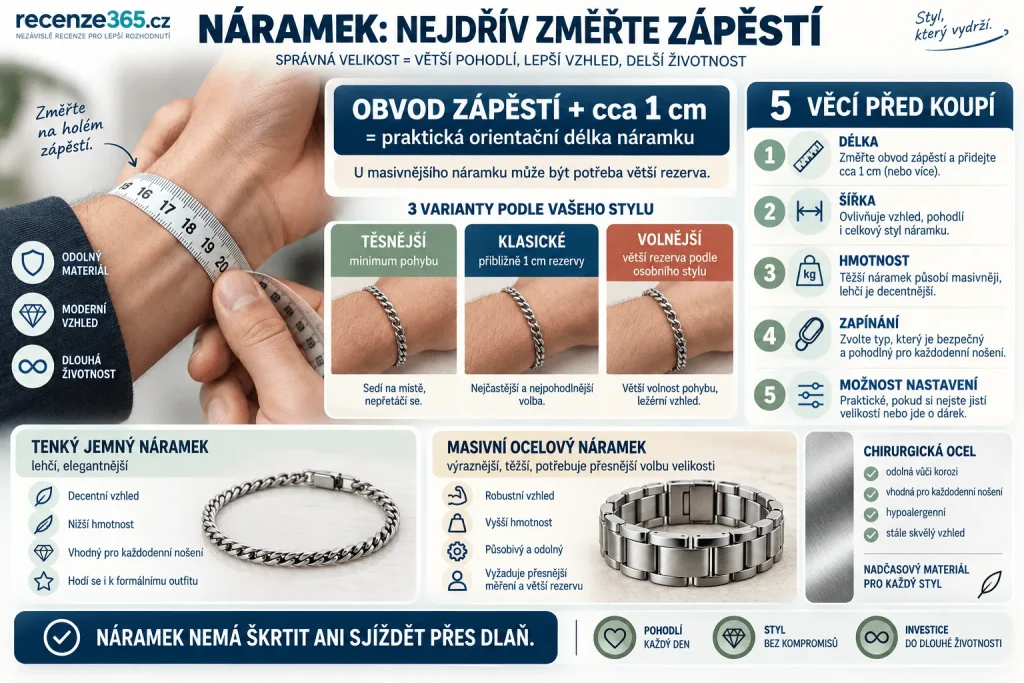 Jak vybrat náramek z chirurgické oceli – velikost náramku, měření obvodu zápěstí, délka náramku, pánský a dámský náramek, zapínání, šířka a pohodlné nošení ocelového náramku.