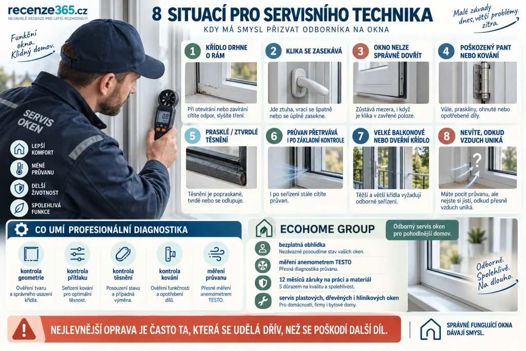 Kdy zavolat servis plastových oken – drhnutí křídla, nefunkční klika, poškozené kování, netěsné těsnění, průvan, balkonové dveře, oprava pantů a profesionální seřízení oken.