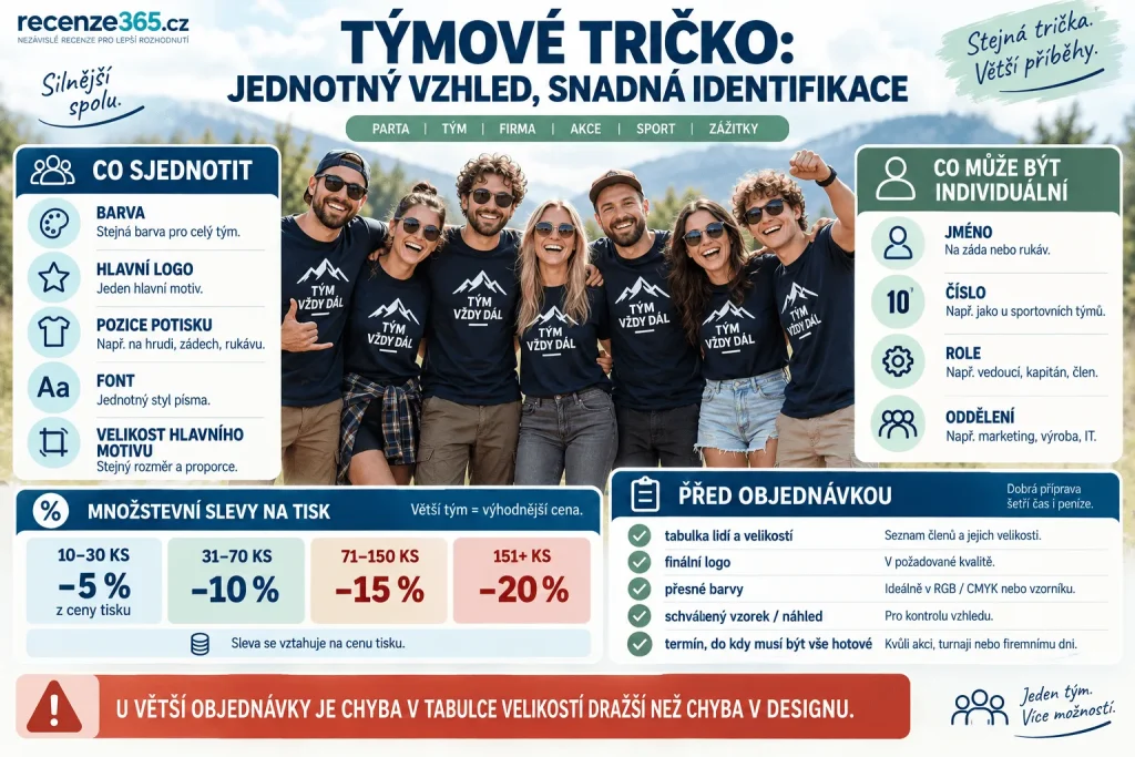 Trička pro partu nebo tým – týmová trička s logem, firemní trička, sportovní tým, školní třída, event, skupinový potisk, jména a čísla, hromadná objednávka a množstevní sleva.