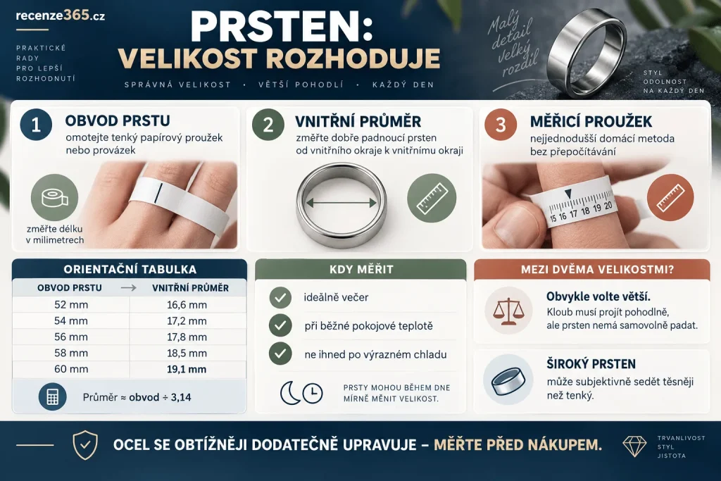 Jak vybrat prsten z chirurgické oceli – velikost prstenu, obvod prstu, vnitřní průměr prstenu, tabulka velikostí, měření prstu doma, nastavitelný prsten a správná velikost ocelového prstenu.