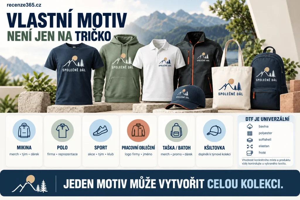 Vlastní potisk na textil – mikiny, polokošile, pracovní oblečení, sportovní textil, tašky, batohy, kšiltovky a další produkty s vlastním logem, fotografií nebo nápisem.