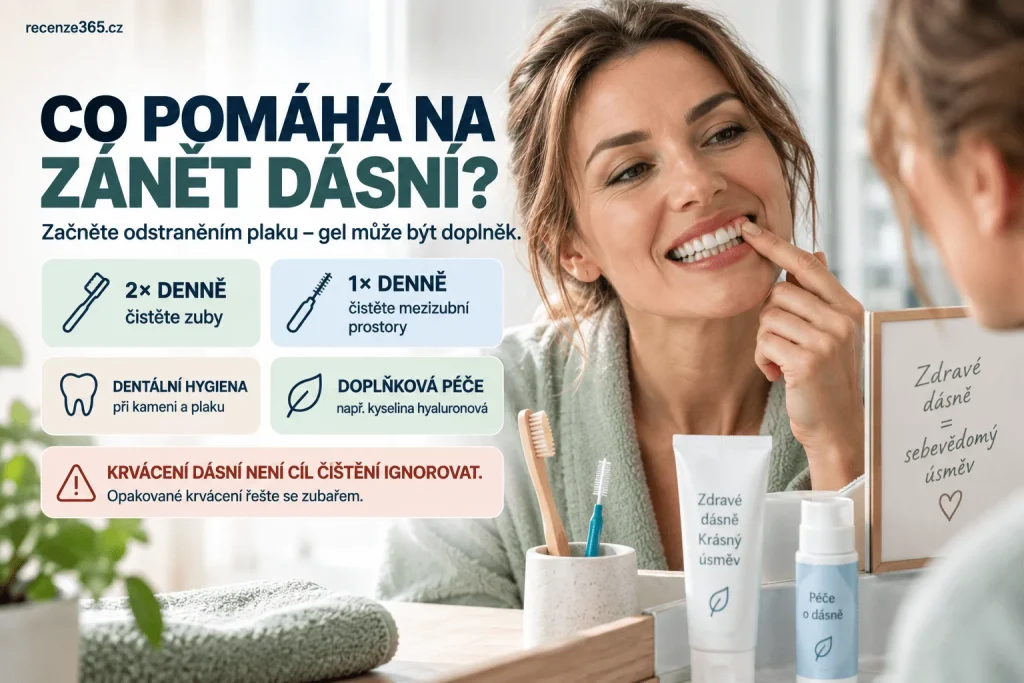 Co pomáhá na zánět dásní a krvácení dásní – gingivitida, správná ústní hygiena, čištění zubů, mezizubní kartáčky, dentální hygiena, kyselina hyaluronová, GENGIGEL, oteklé a červené dásně a domácí péče.
