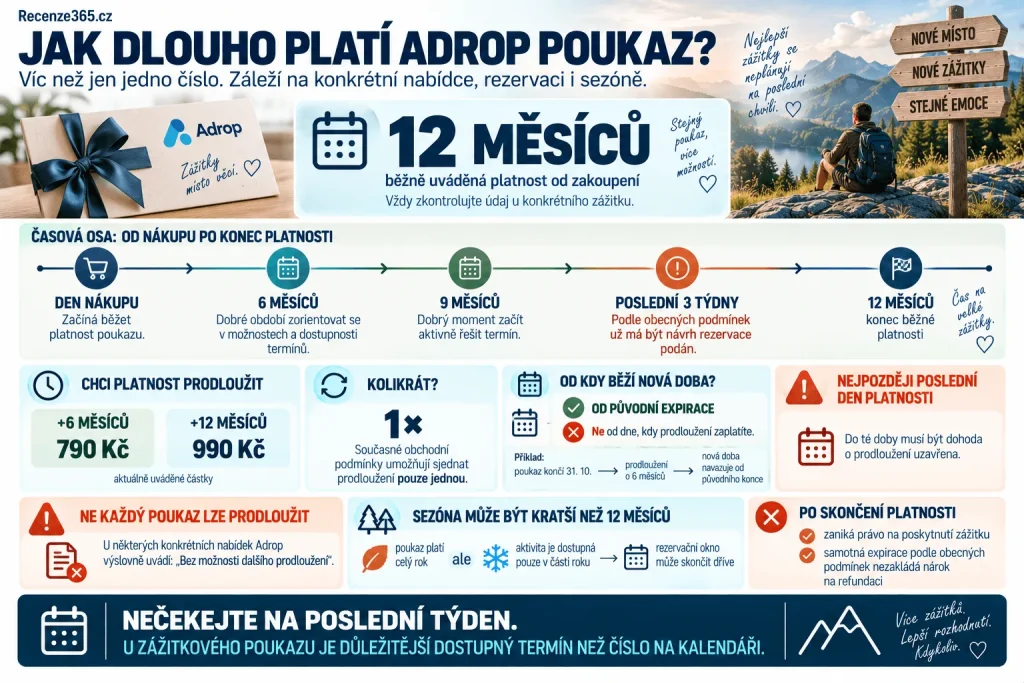 Jak dlouho platí poukaz Adrop.cz – platnost 12 měsíců od zakoupení, expirace voucheru, rezervace 3 týdny před koncem, prodloužení platnosti za 790 Kč a 990 Kč, sezónní zážitky, prodloužení pouze jednou a podmínky dárkového poukazu.