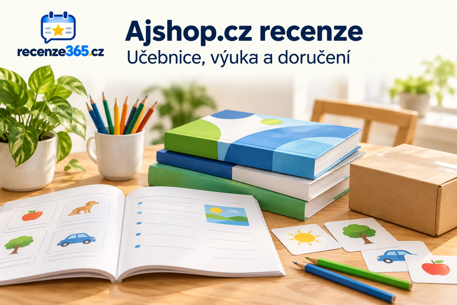 Ilustrační jazykové učebnice, pracovní sešit, obrázkové kartičky, pastelky a balík
