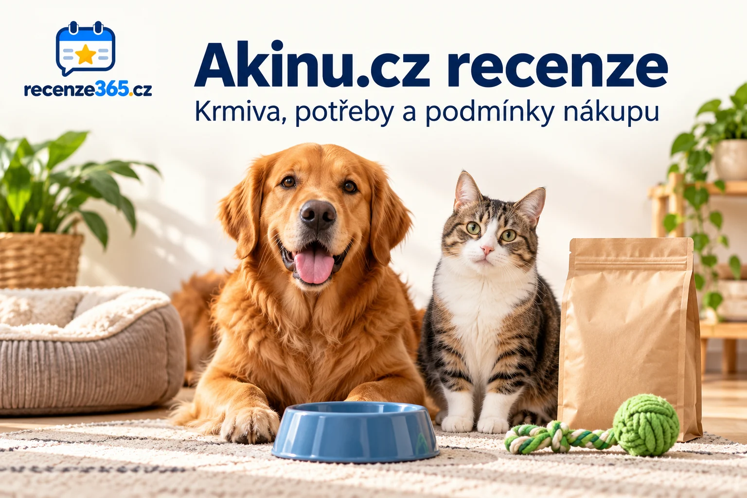 Ilustrační pes a kočka u misky, neoznačeného sáčku krmiva a zelené hračky