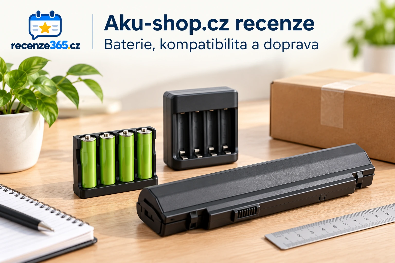 Ilustrační neoznačené baterie, nabíječka, uzavřená baterie notebooku a balík na stole