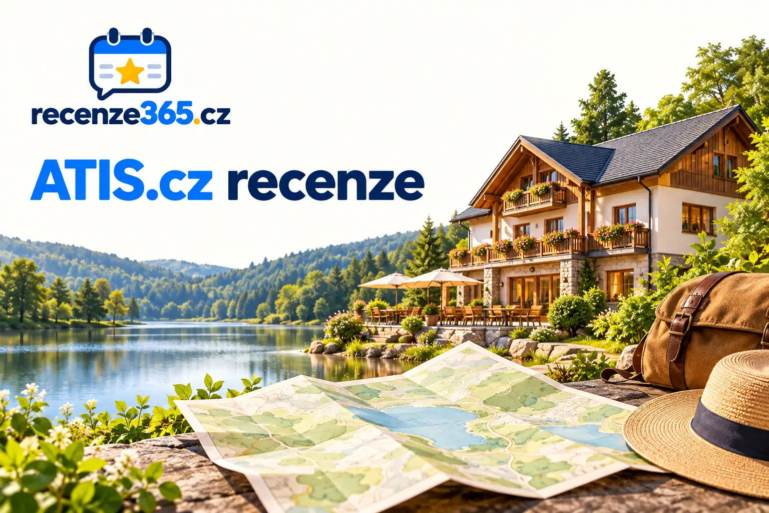 Ilustrační smyšlený hotel u jezera v zelené krajině s mapou v popředí, bez zobrazení skutečně navštíveného pobytu