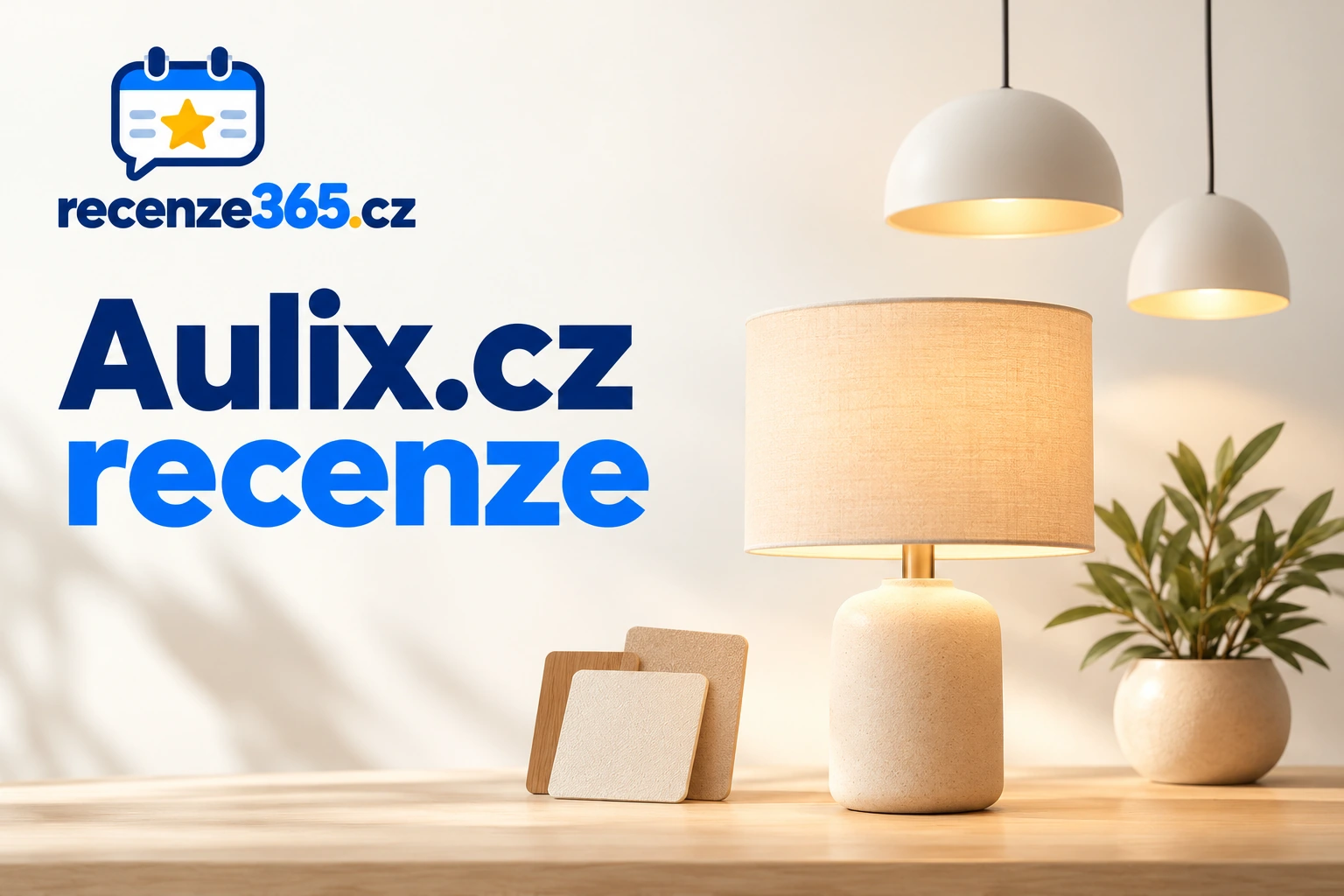 Ilustrační stolní lampa a závěsná svítidla v neutrálním interiéru se vzorky materiálů, bez ukázky elektroinstalace