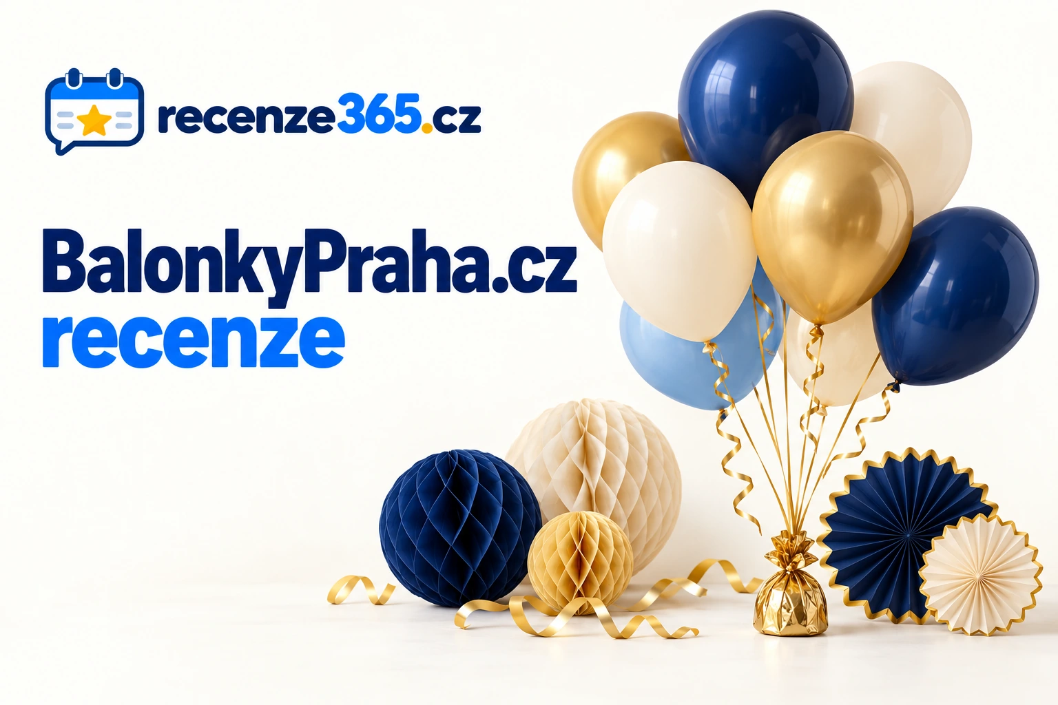 Ilustrační modré, krémové a zlaté balónky s papírovými dekoracemi na světlém podkladu