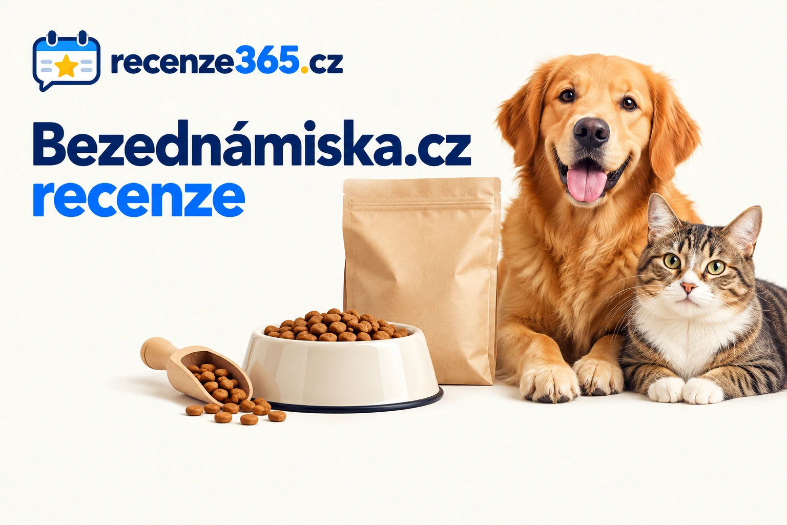 Ilustrační pes a kočka u misky, odměrky a neoznačeného balení krmiva