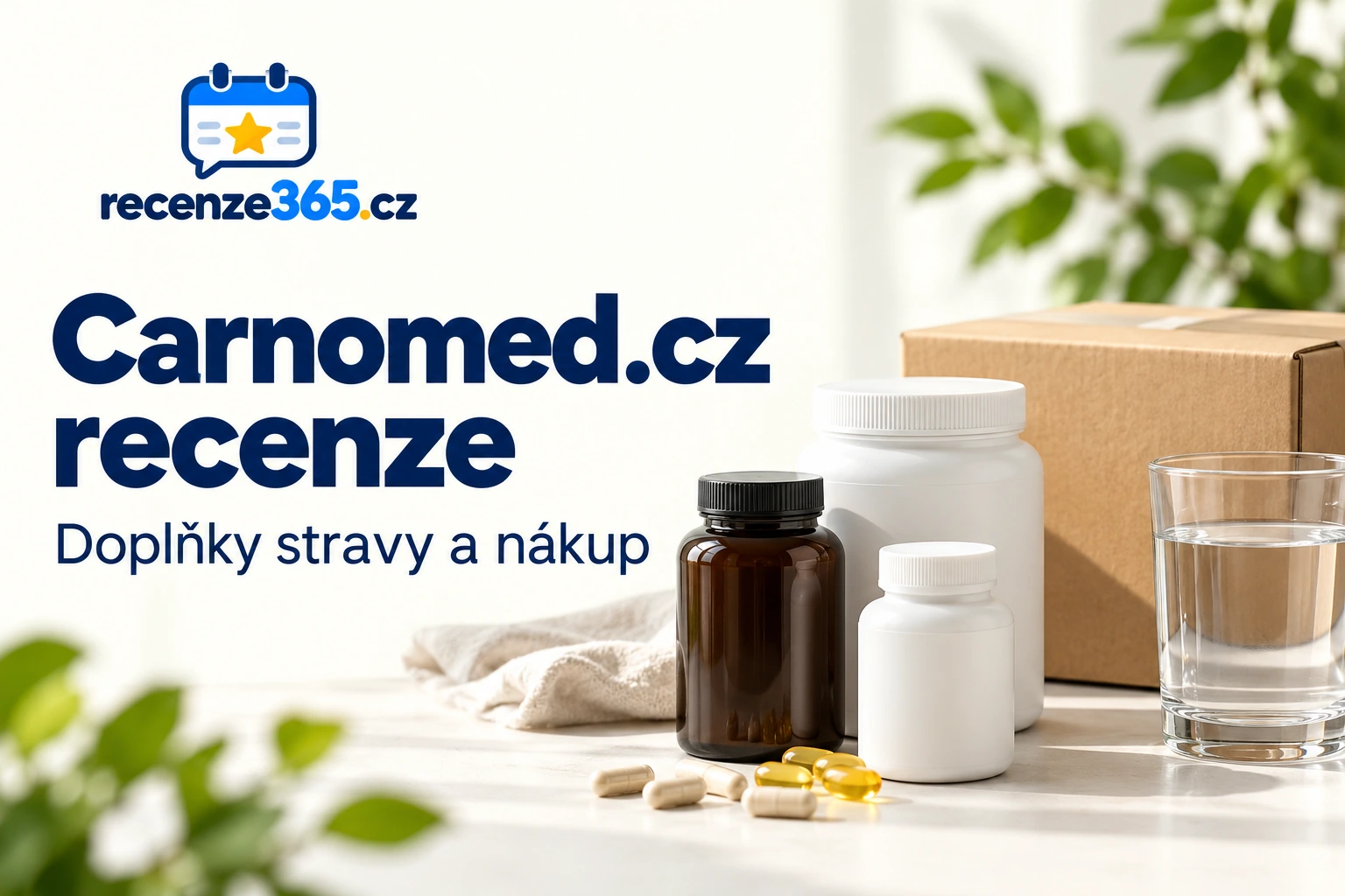 Ilustrační uzavřené dózy doplňků, sklenice vody a balík s nadpisem Carnomed.cz recenze