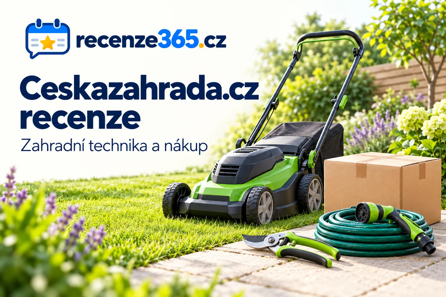 Ilustrační zahradní sekačka, nůžky a hadice s nadpisem Ceskazahrada.cz recenze