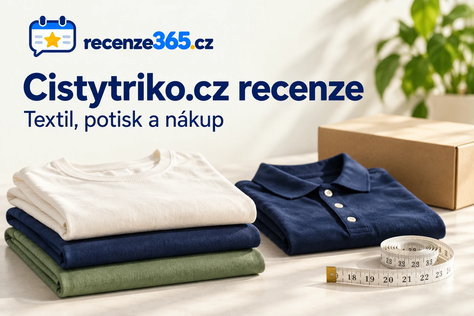 Složená jednobarevná trička, polokošile, metr a balík s nadpisem Cistytriko.cz recenze
