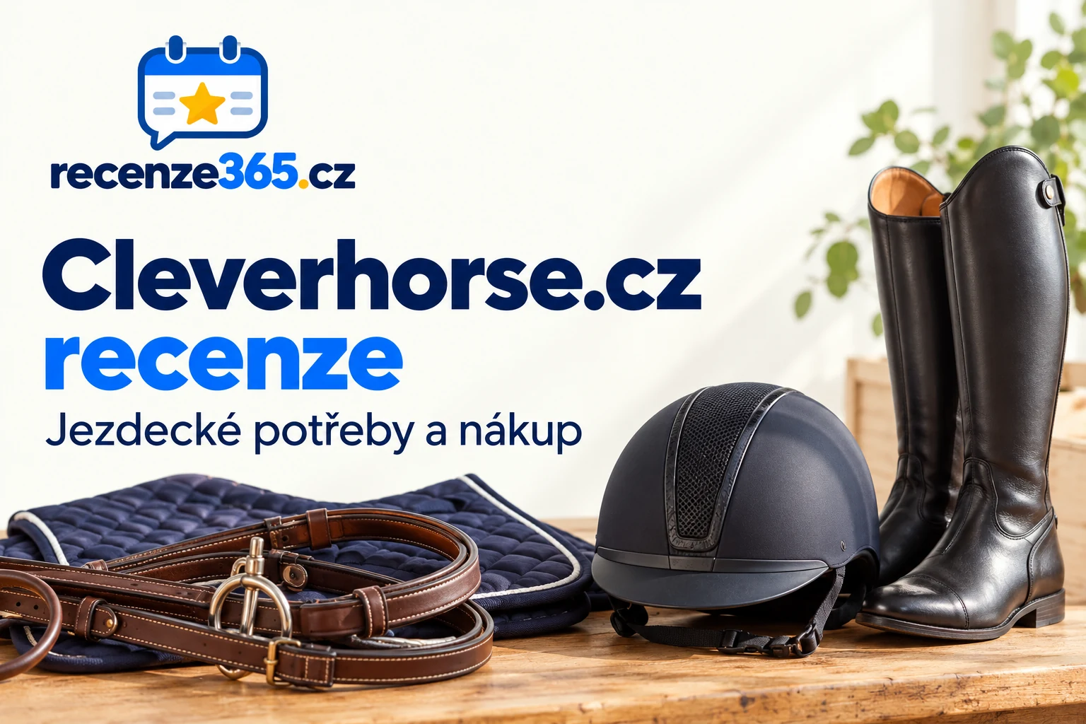 Ilustrační jezdecká přilba, boty a výstroj s nadpisem Cleverhorse.cz recenze