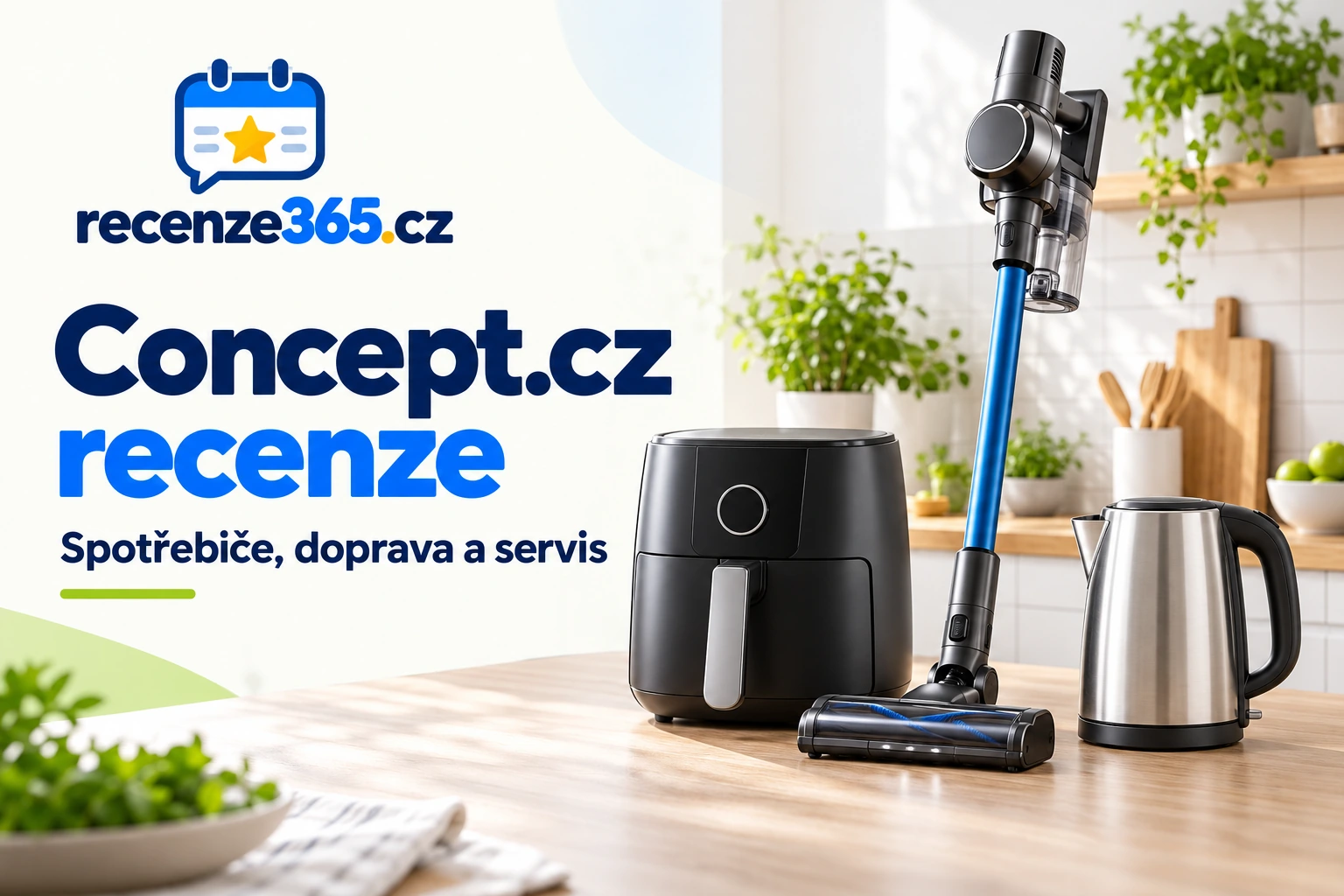 Ilustrační fritéza, tyčový vysavač a konvice s nadpisem Concept.cz recenze