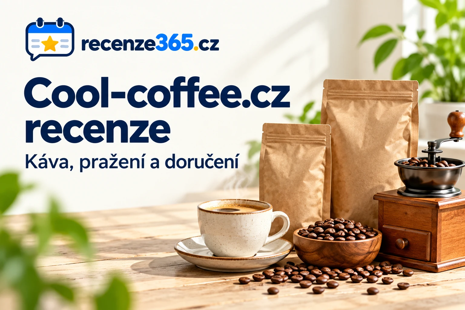 Ilustrační kávové sáčky, zrna, mlýnek a šálek s nadpisem Cool-coffee.cz recenze