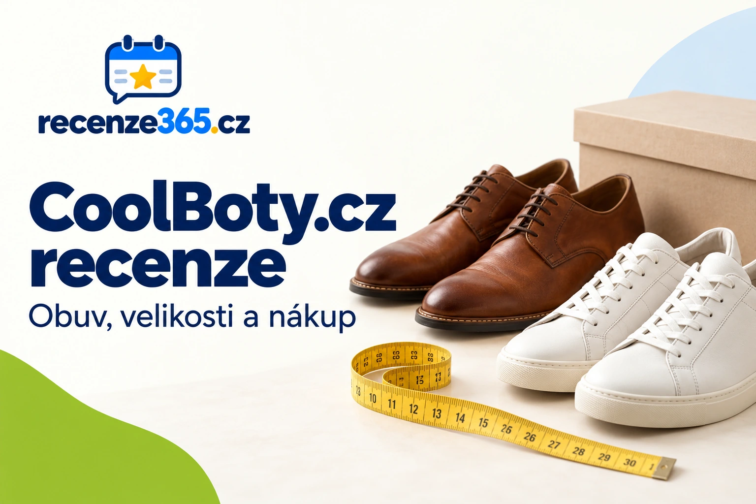 Ilustrační obuv, měřicí páska a krabice s nadpisem CoolBoty.cz recenze