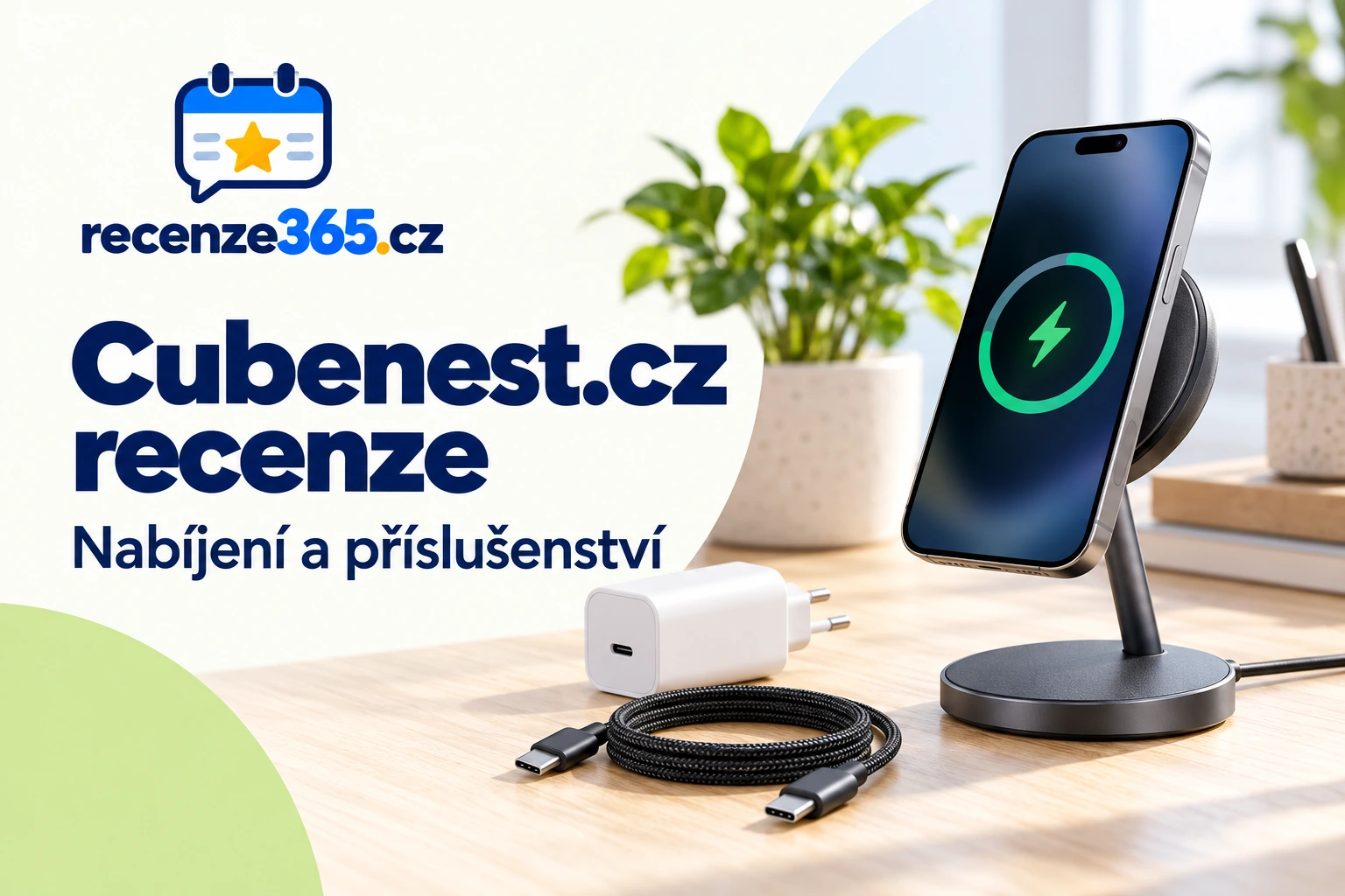 Ilustrační nabíjecí stojan, telefon, adaptér a kabel s nadpisem Cubenest.cz recenze
