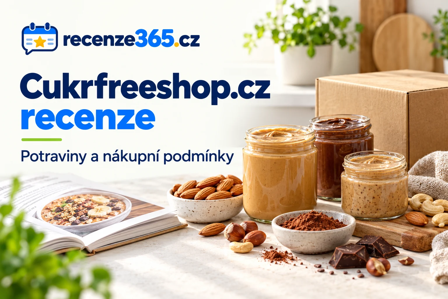 Ilustrační ořechové krémy, ořechy a kuchařka s nadpisem Cukrfreeshop.cz recenze