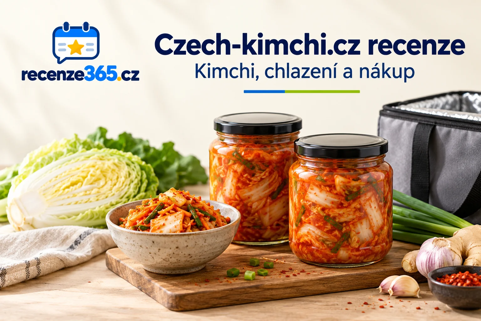 Ilustrační sklenice kimchi, miska zeleniny a chladicí taška s nadpisem Czech-kimchi.cz recenze