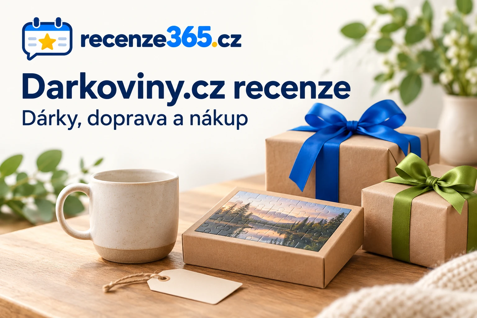 Ilustrační dárkové krabičky, hrnek a hlavolam s nadpisem Darkoviny.cz recenze