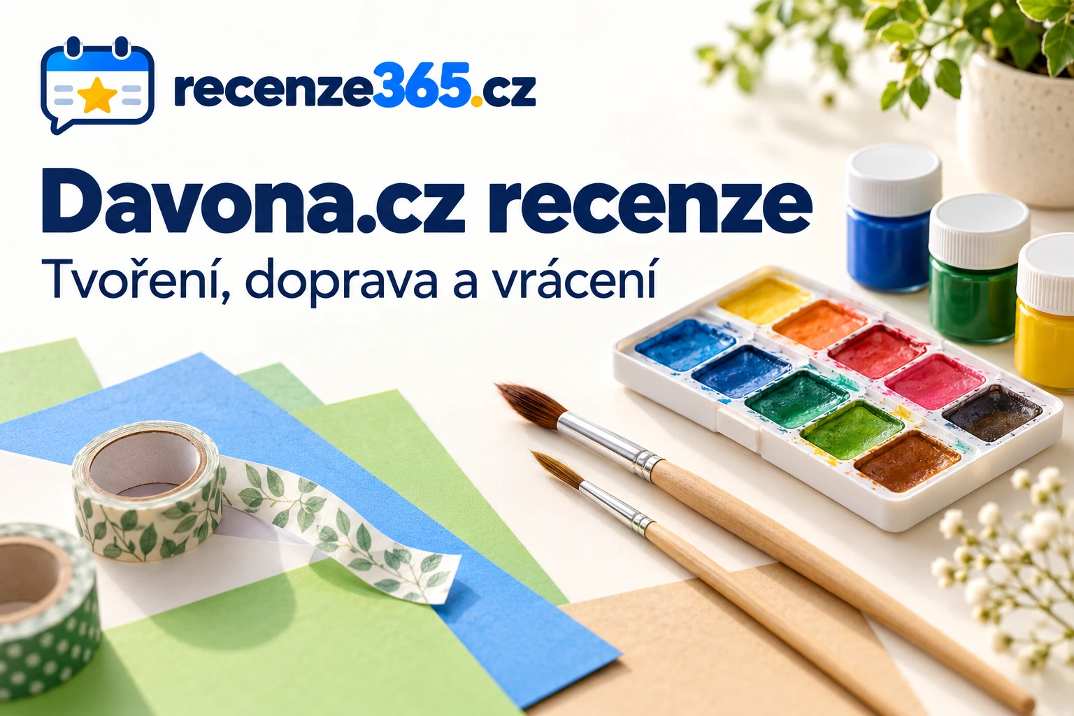 Ilustrační barvy, štětce a tvořivé papíry s nadpisem Davona.cz recenze