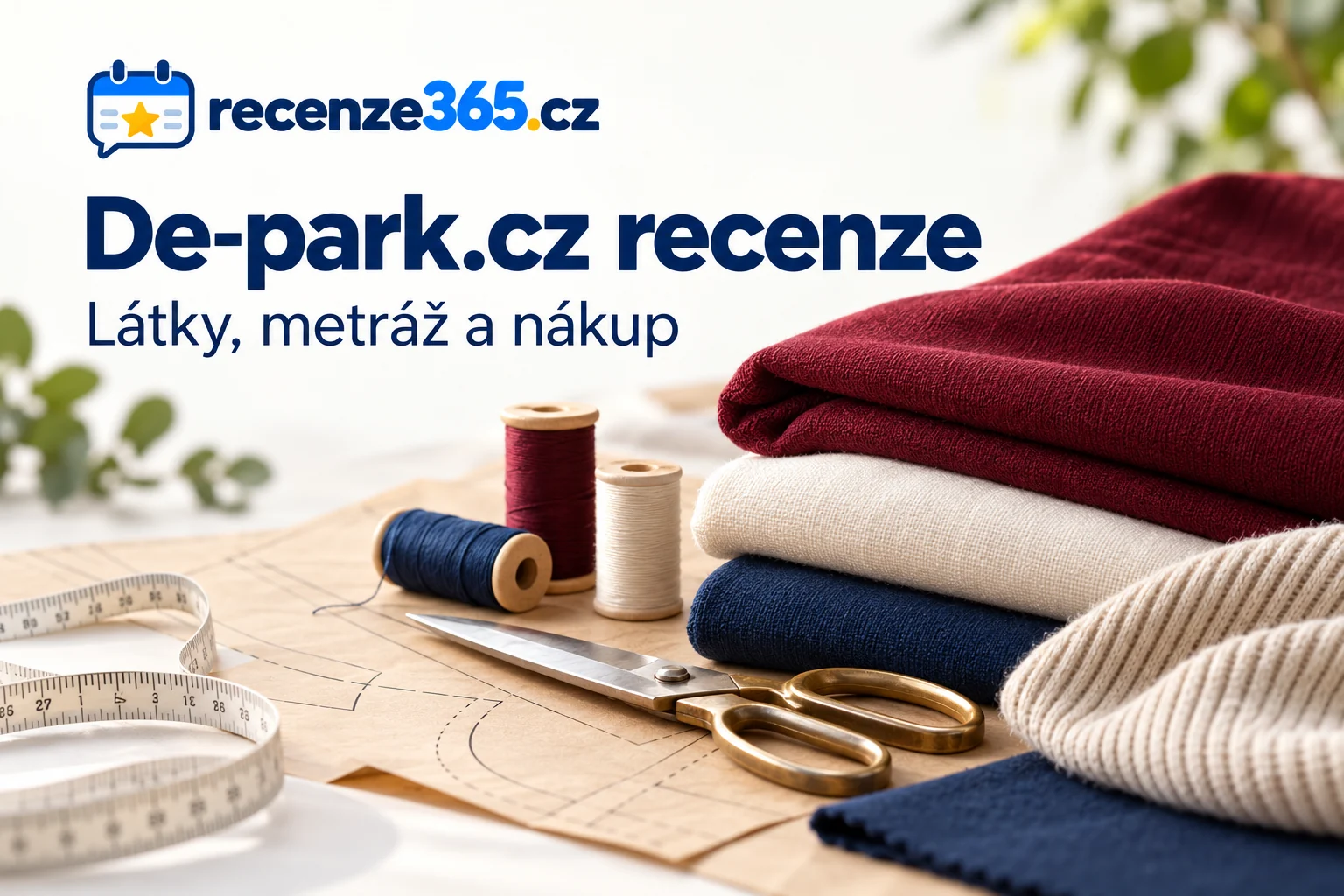 Složené látky, nitě, krejčovské nůžky a metr s nadpisem De-park.cz recenze