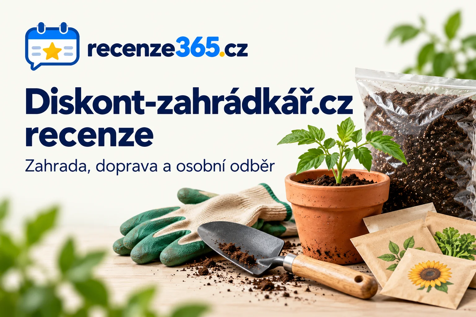 Ilustrační titulka Diskont-zahrádkář.cz s tematickým zátiším, titulkem a logem Recenze365.cz