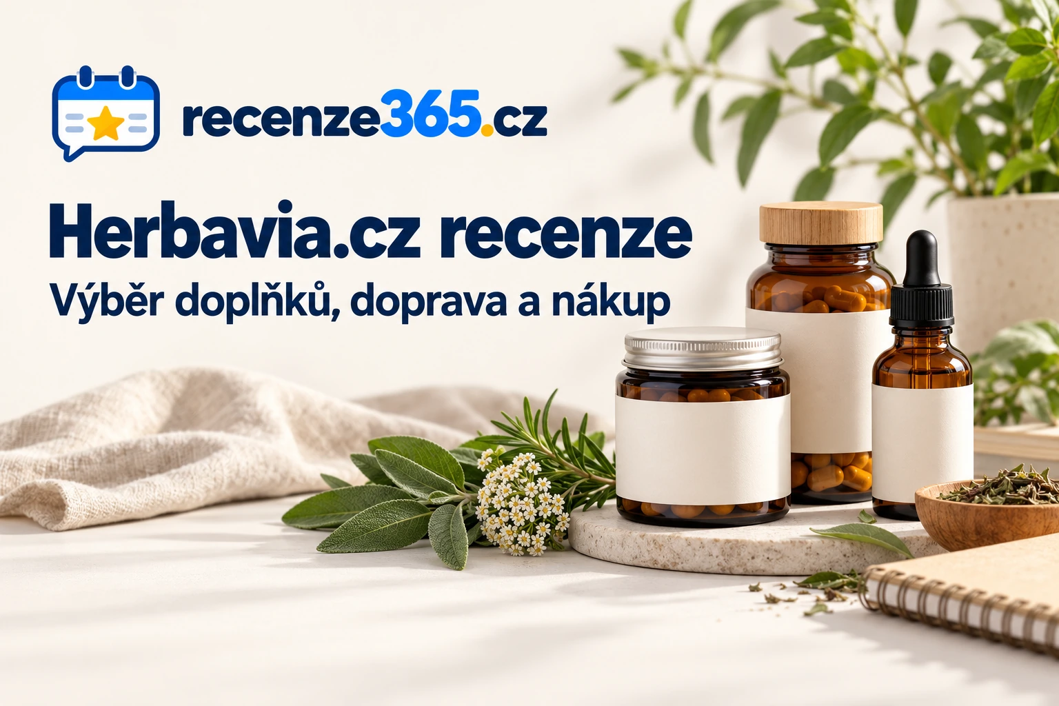 Ilustrační lahvičky doplňků stravy s prázdnými etiketami a byliny na světlém stole
