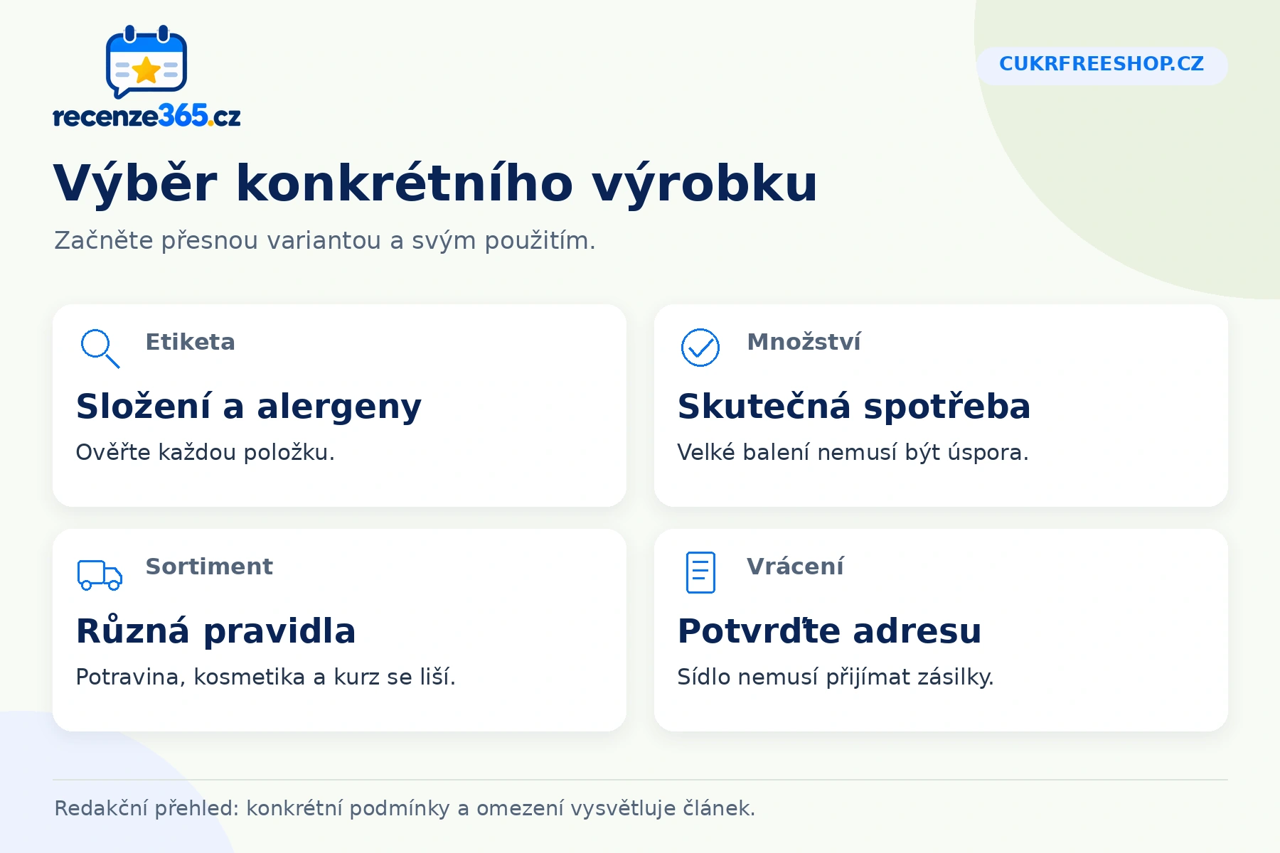 Cukrfreeshop.cz: výběr konkrétního výrobku v přehledu čtyř praktických bodů