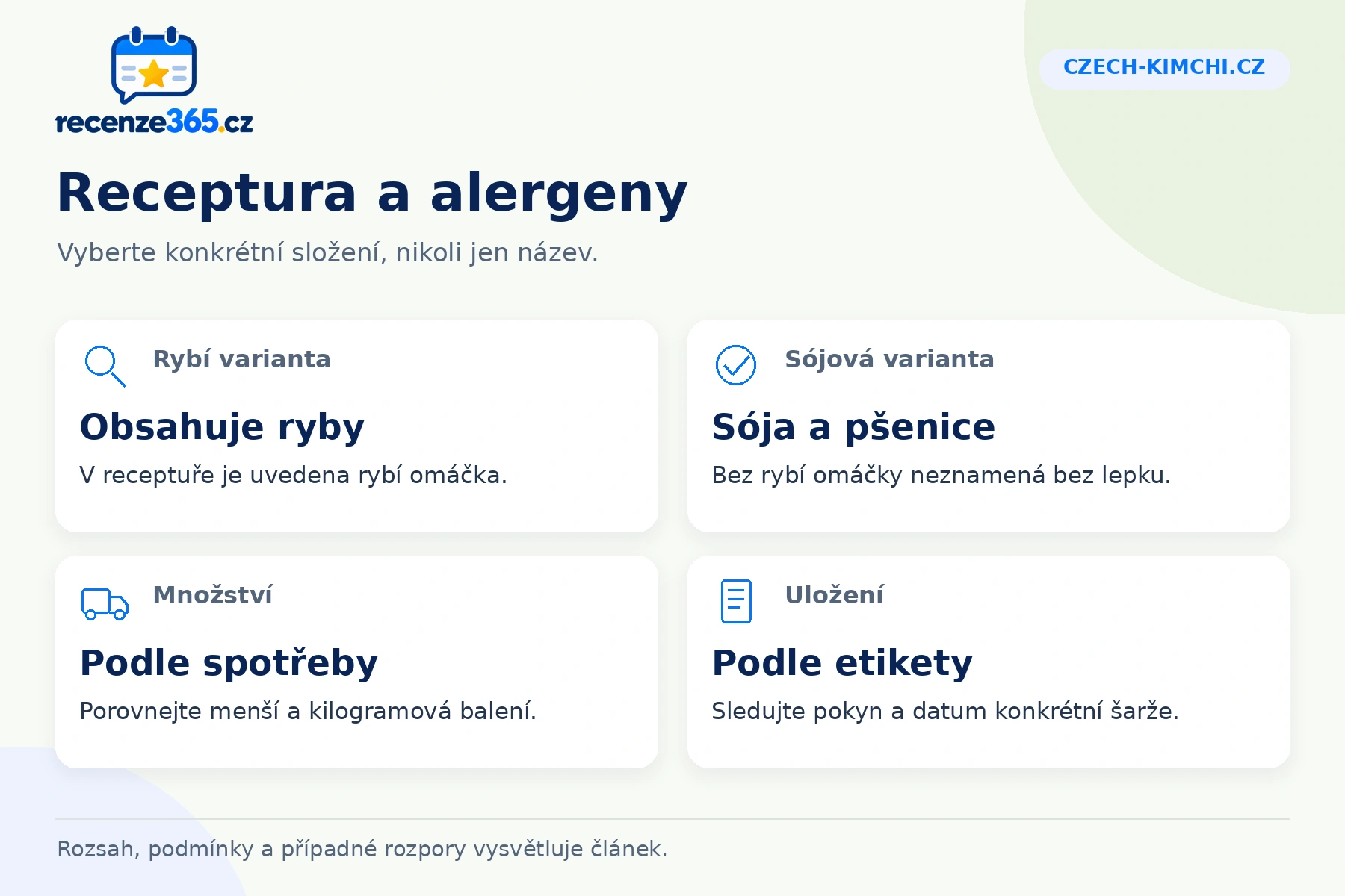 Czech-kimchi.cz: receptura a alergeny, Rybí varianta, Sójová varianta, Množství, Uložení