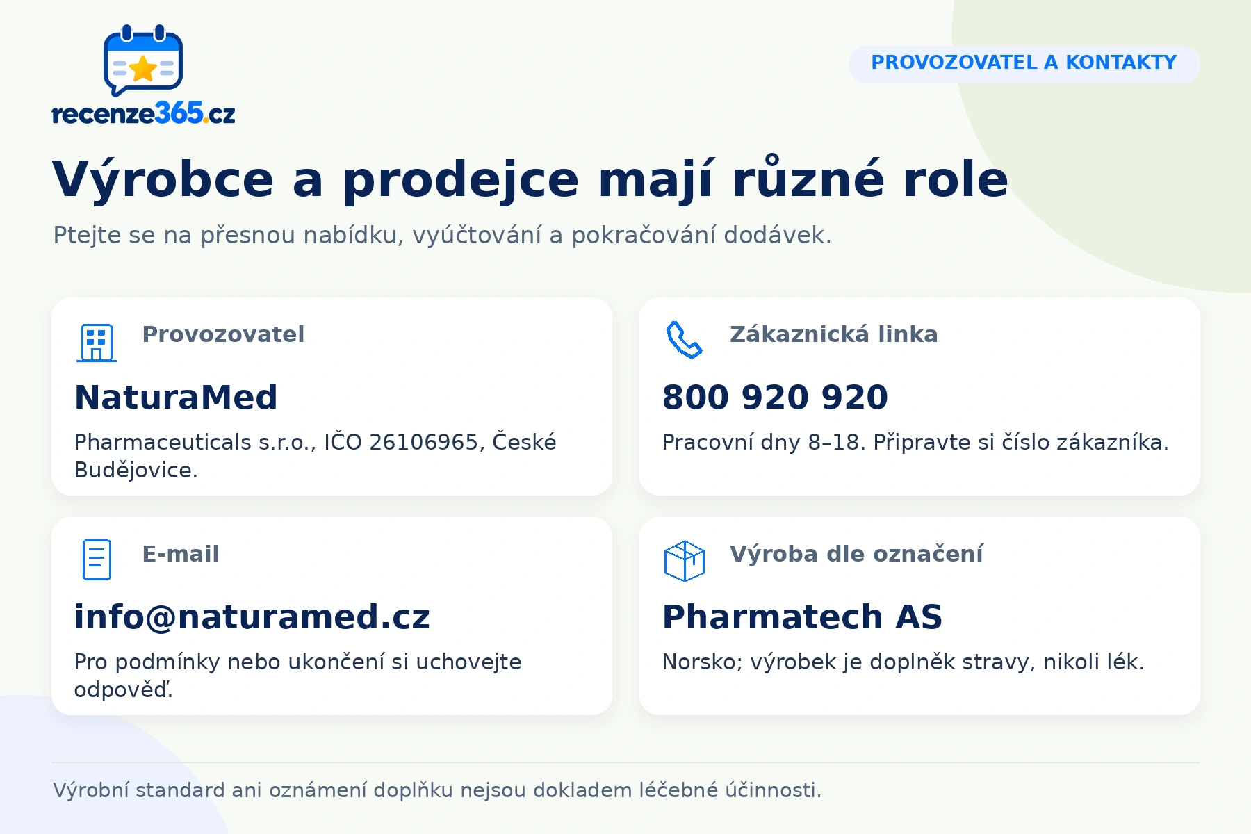 Hepactum.cz: výrobce a prodejce mají různé role. Provozovatel – NaturaMed; Zákaznická linka – 800 920 920; E-mail – info@naturamed.cz; Výroba dle označení – Pharmatech AS.
