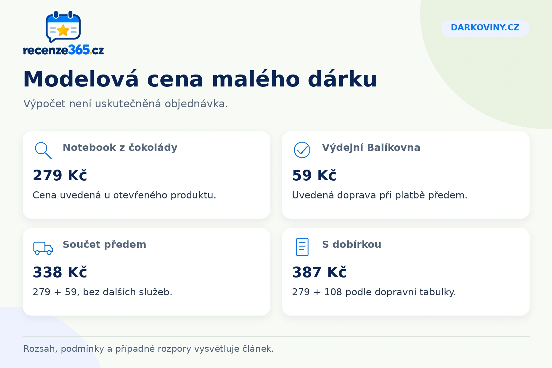 Darkoviny.cz: modelová cena malého dárku, Notebook z čokolády, Výdejní Balíkovna, Součet předem, S dobírkou