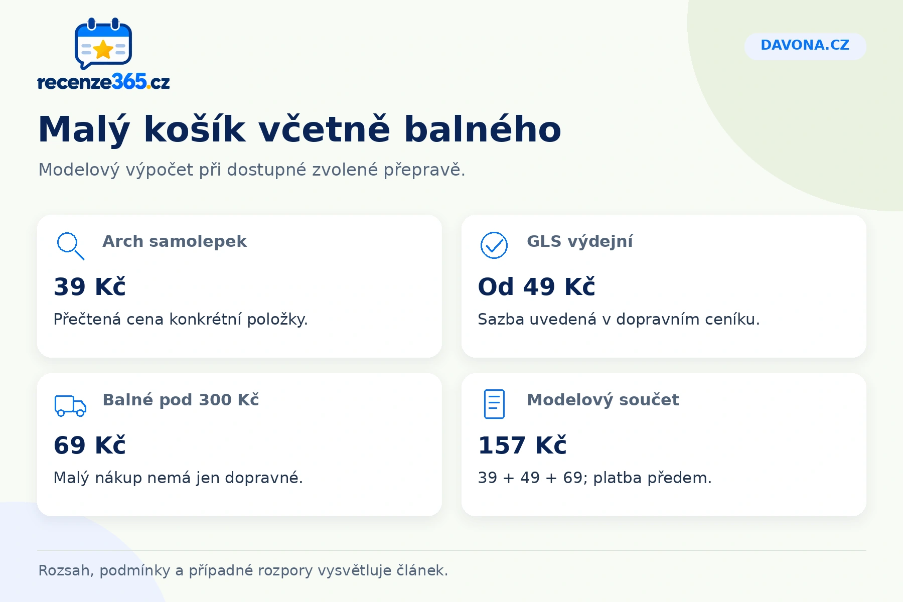 Davona.cz: malý košík včetně balného, Arch samolepek, GLS výdejní, Balné pod 300 Kč, Modelový součet