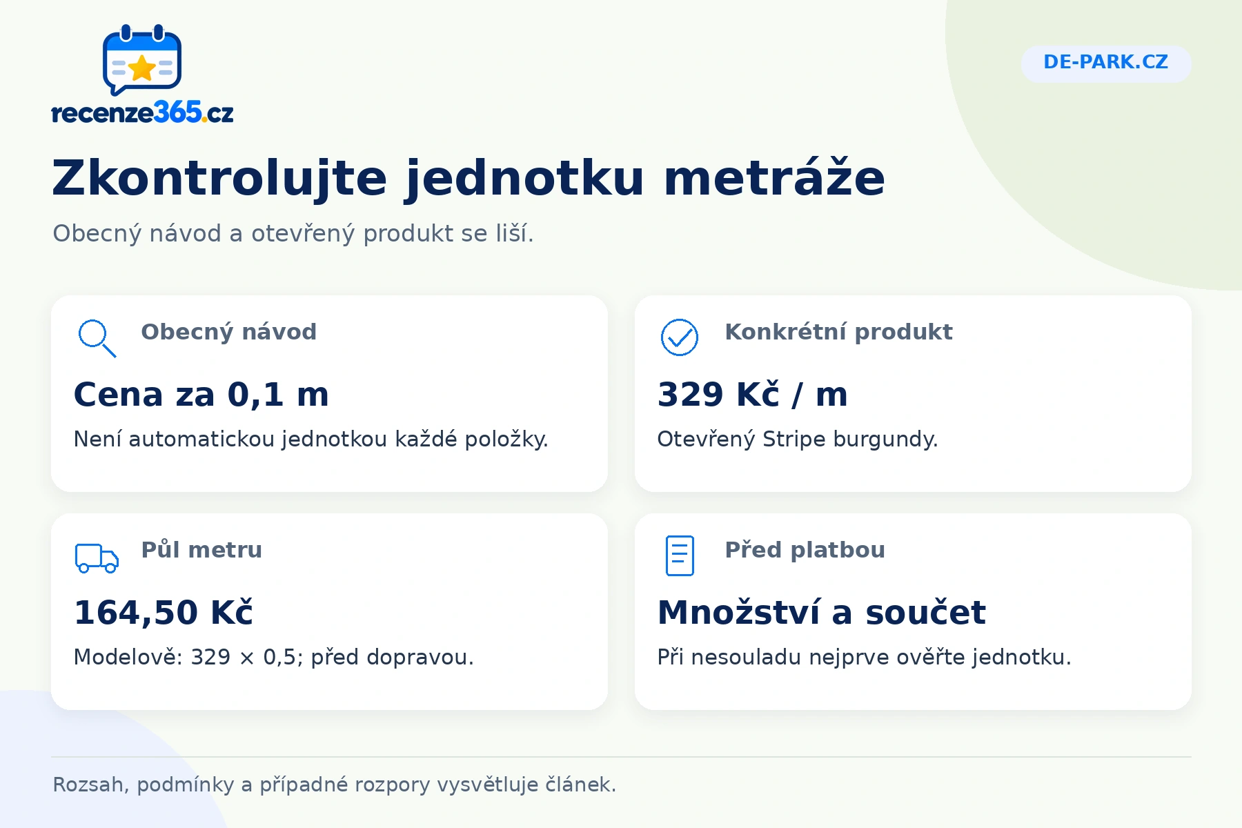 De-park.cz: zkontrolujte jednotku metráže, Obecný návod, Konkrétní produkt, Půl metru, Před platbou