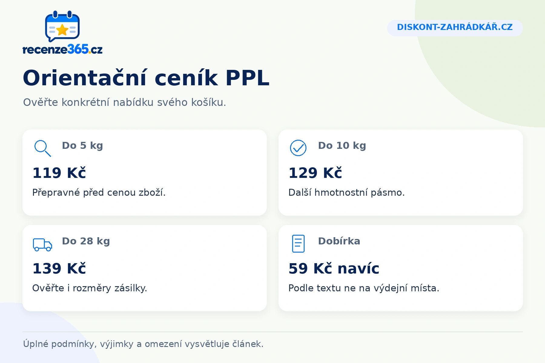 Diskont-zahrádkář.cz: Orientační ceník PPL, Do 5 kg, Do 10 kg, Do 28 kg, Dobírka