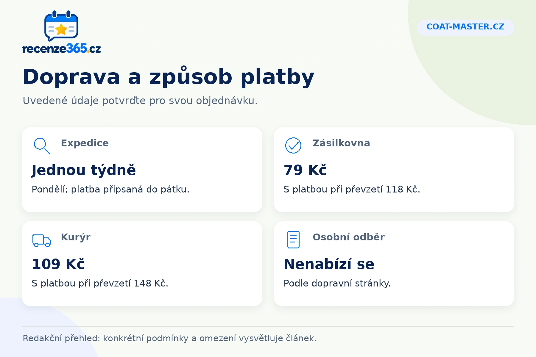 Coat-master.cz: doprava a způsob platby v přehledu čtyř praktických bodů