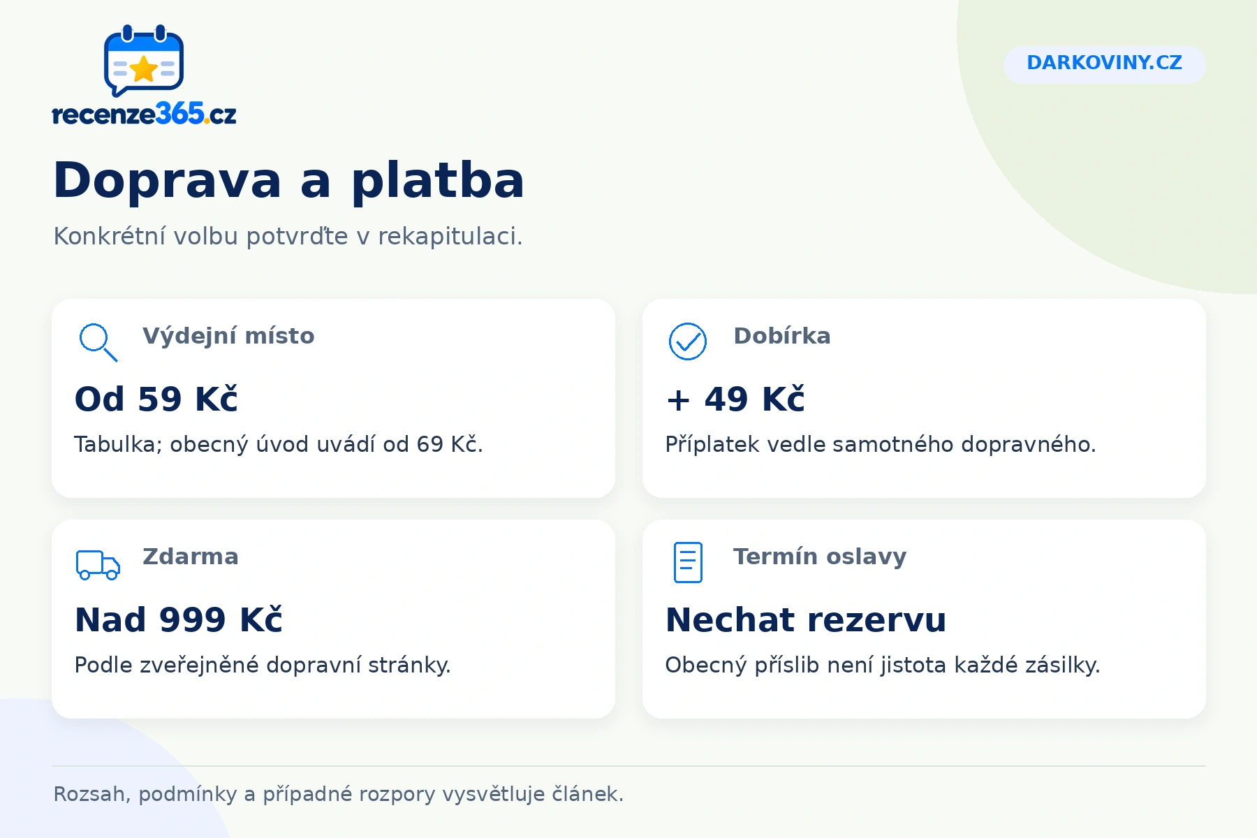 Darkoviny.cz: doprava a platba, Výdejní místo, Dobírka, Zdarma, Termín oslavy