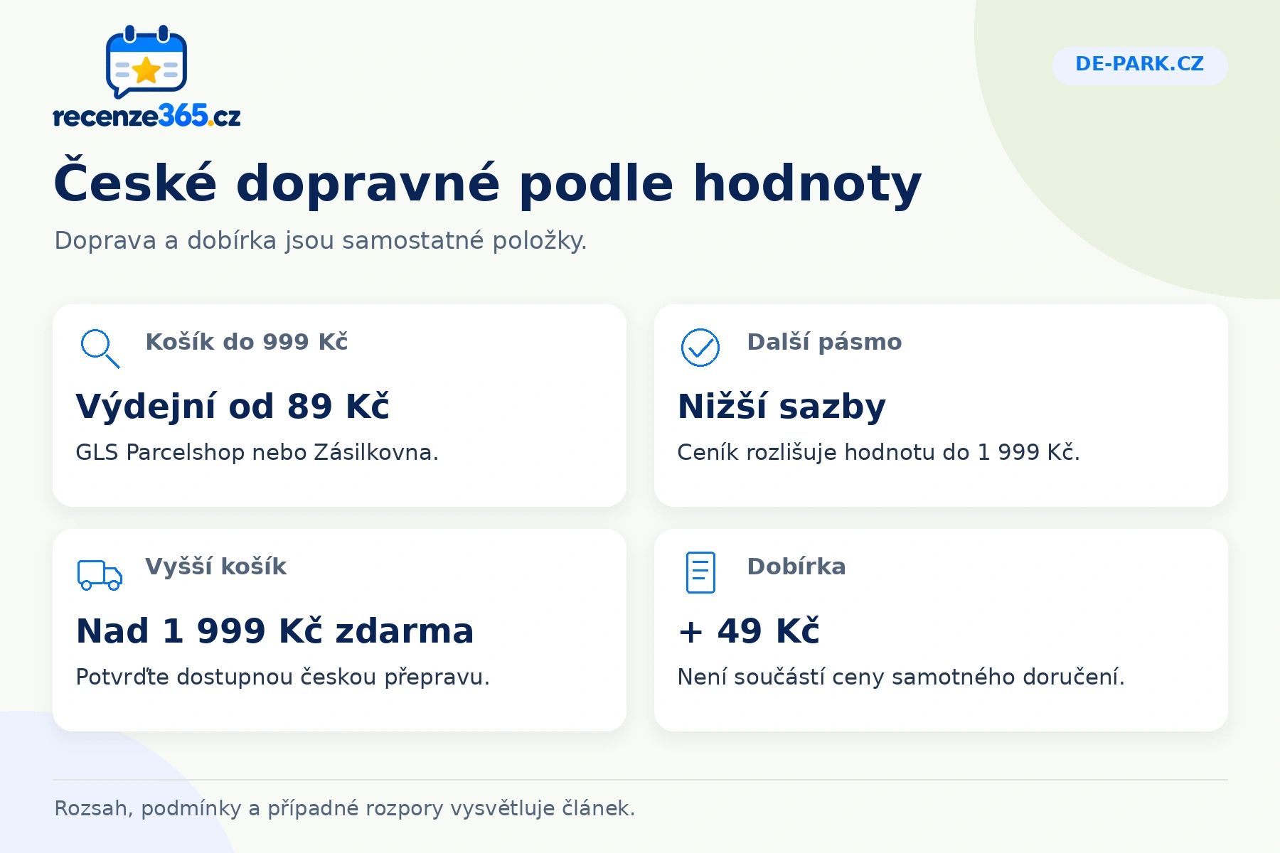 De-park.cz: české dopravné podle hodnoty, Košík do 999 Kč, Další pásmo, Vyšší košík, Dobírka
