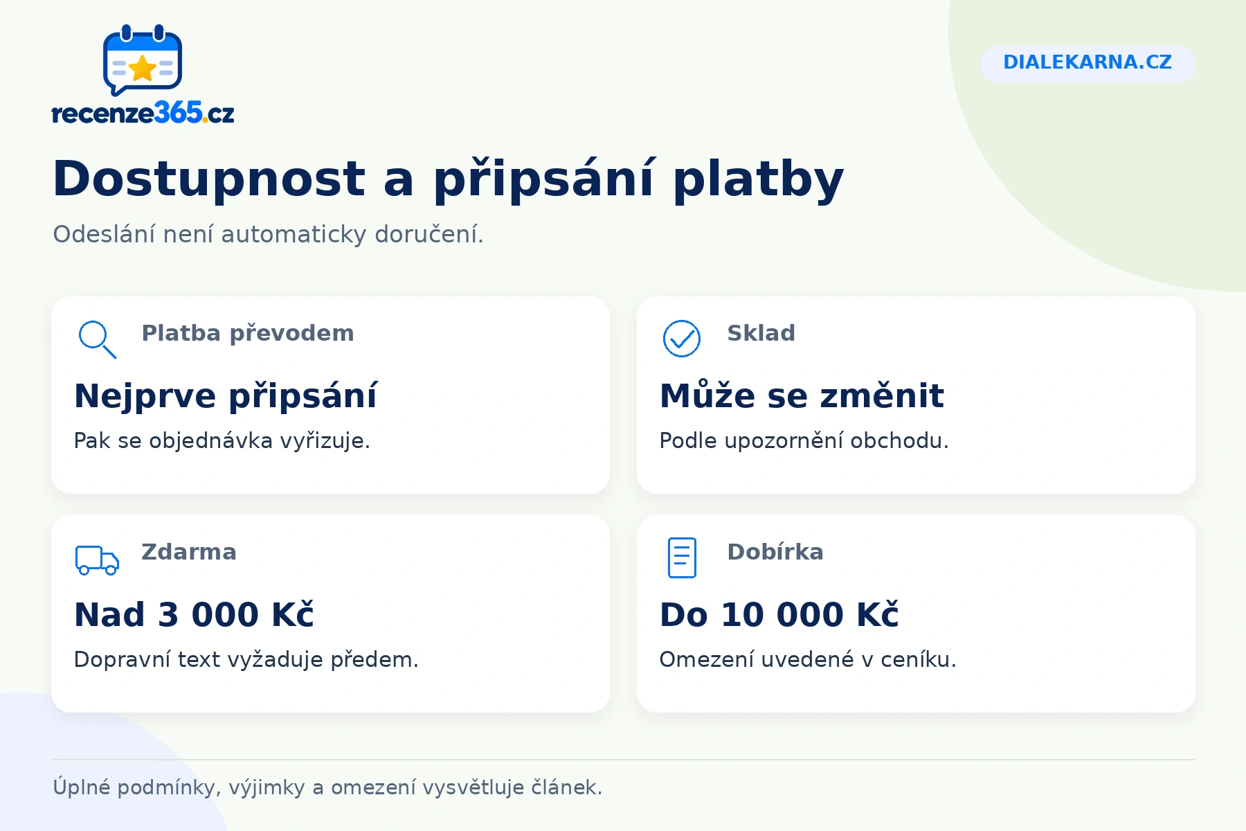 Dialekarna.cz: Dostupnost a připsání platby, Platba převodem, Sklad, Zdarma, Dobírka