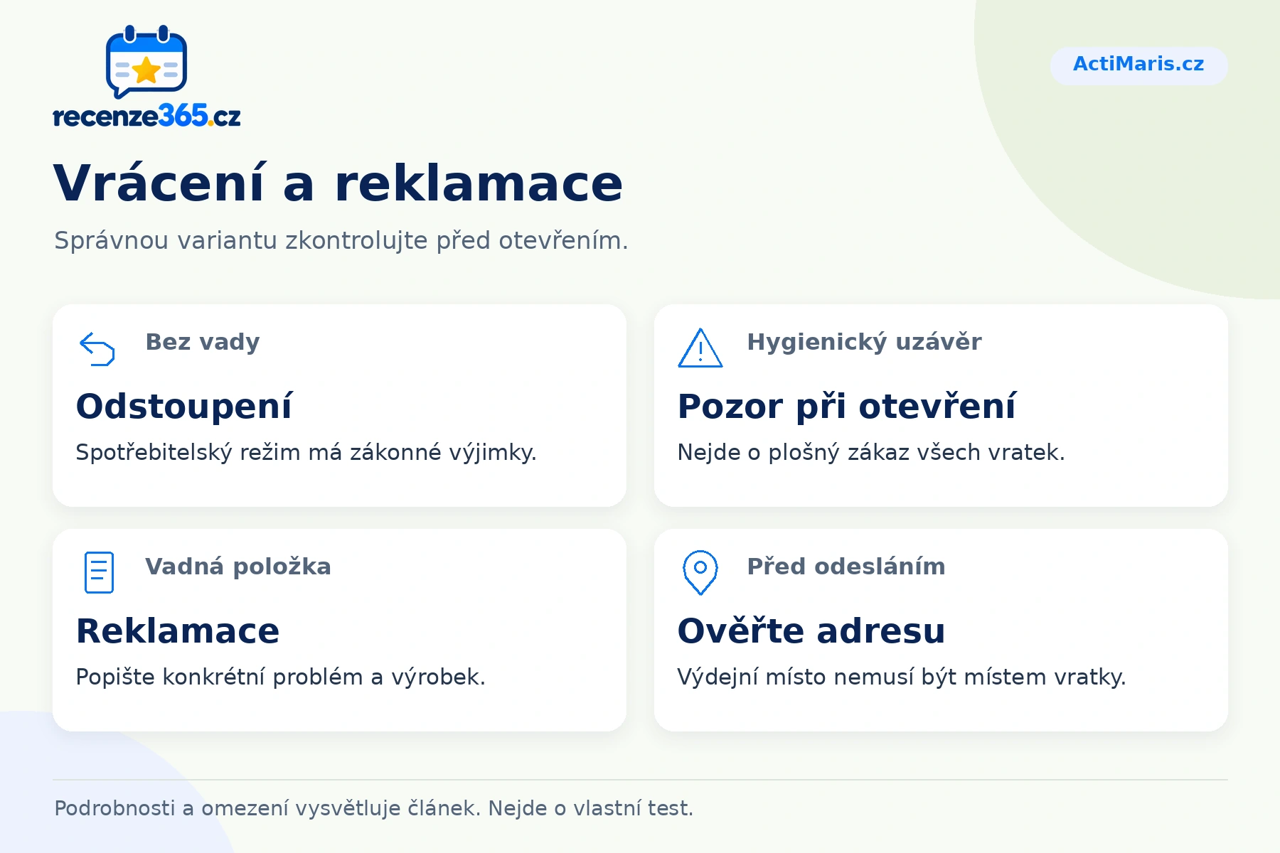 Vrácení a reklamace – přehled čtyř praktických bodů pro ActiMaris.cz