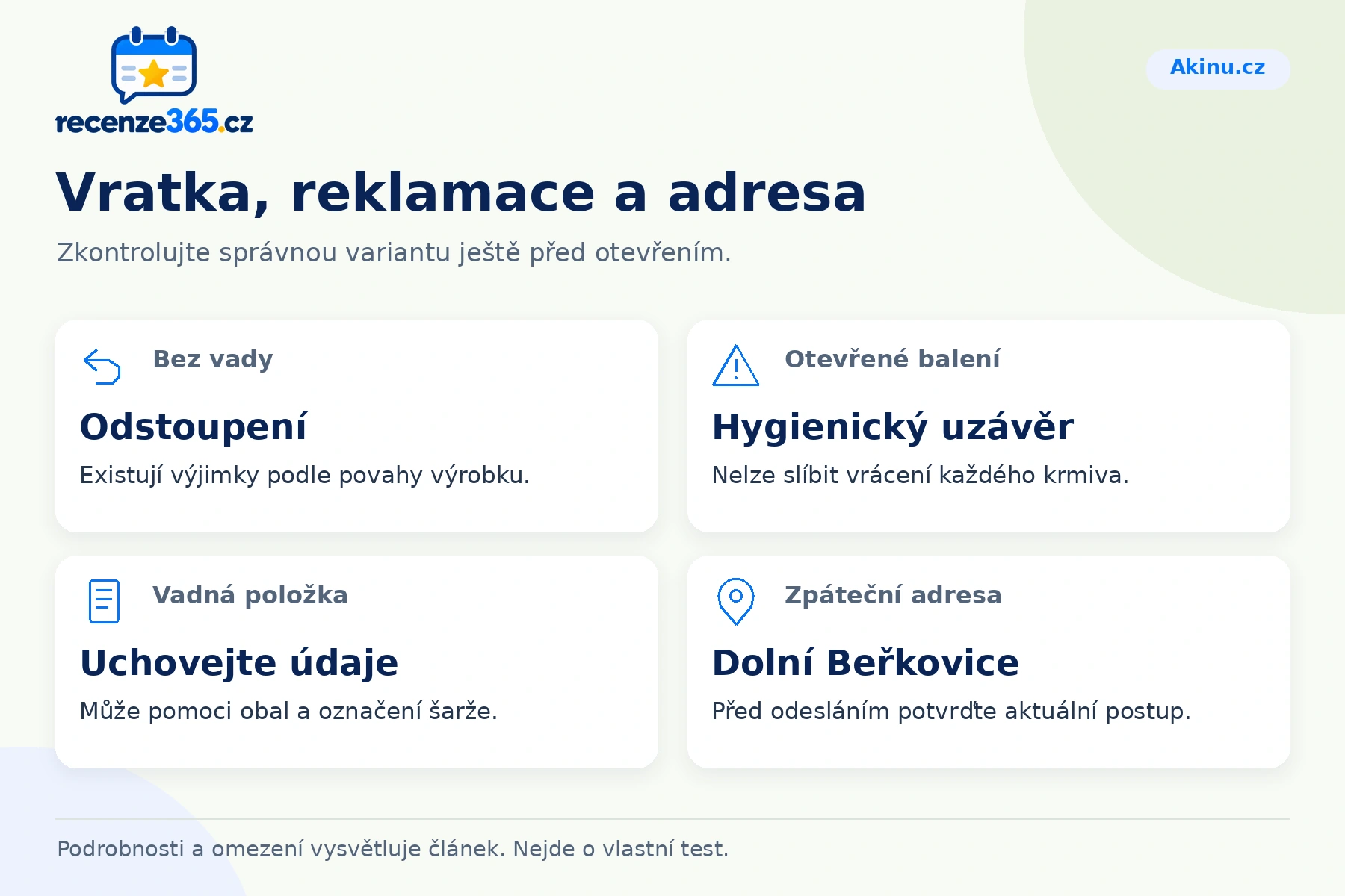 Vratka, reklamace a adresa – přehled čtyř praktických bodů pro Akinu.cz