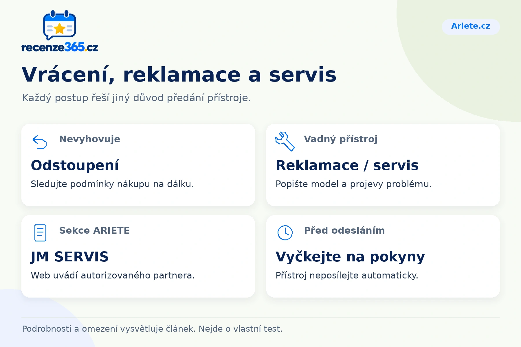 Vrácení, reklamace a servis – přehled čtyř praktických bodů pro Ariete.cz