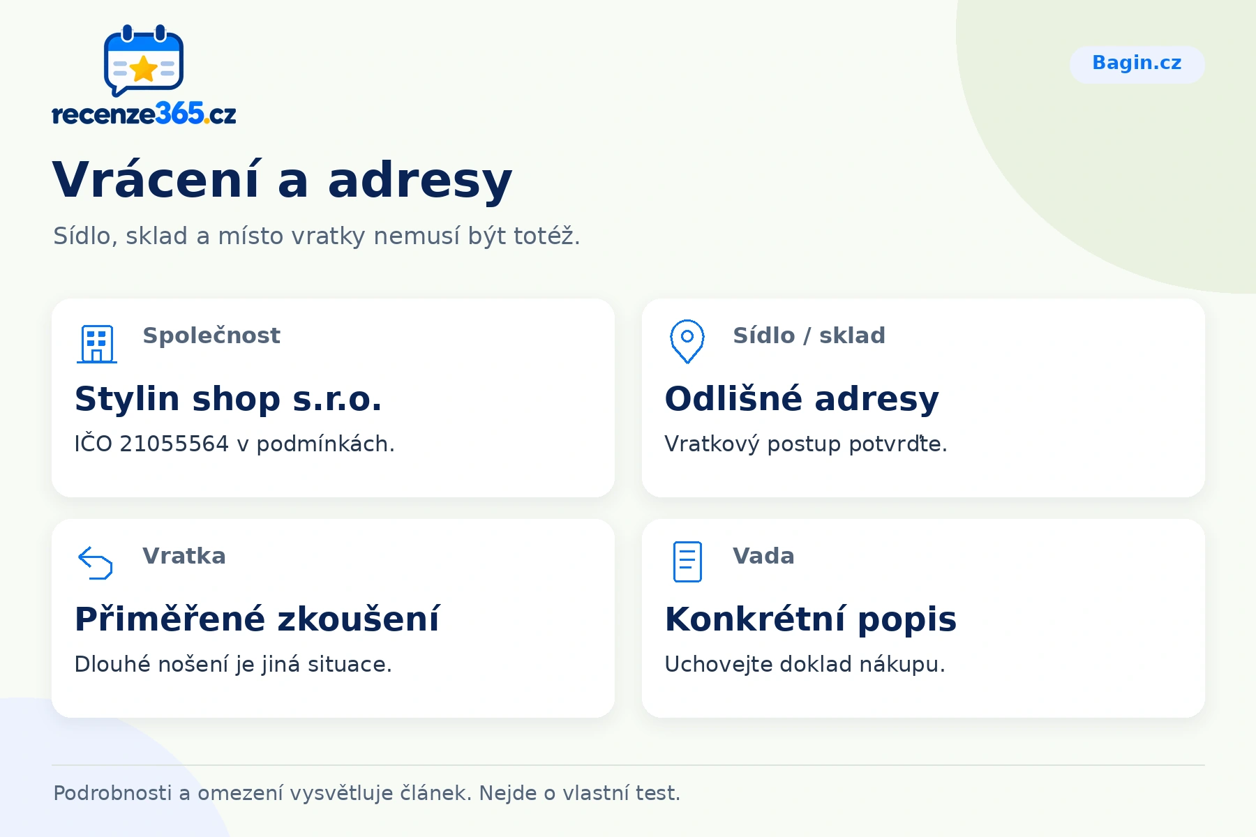 Vrácení a adresy – přehled čtyř praktických bodů pro Bagin.cz