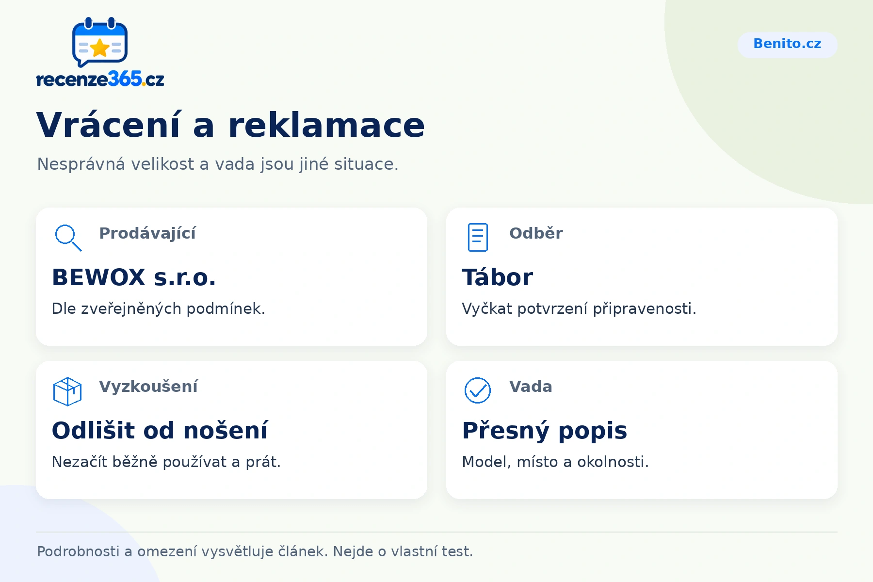 Vrácení a reklamace – přehled čtyř praktických bodů pro Benito.cz