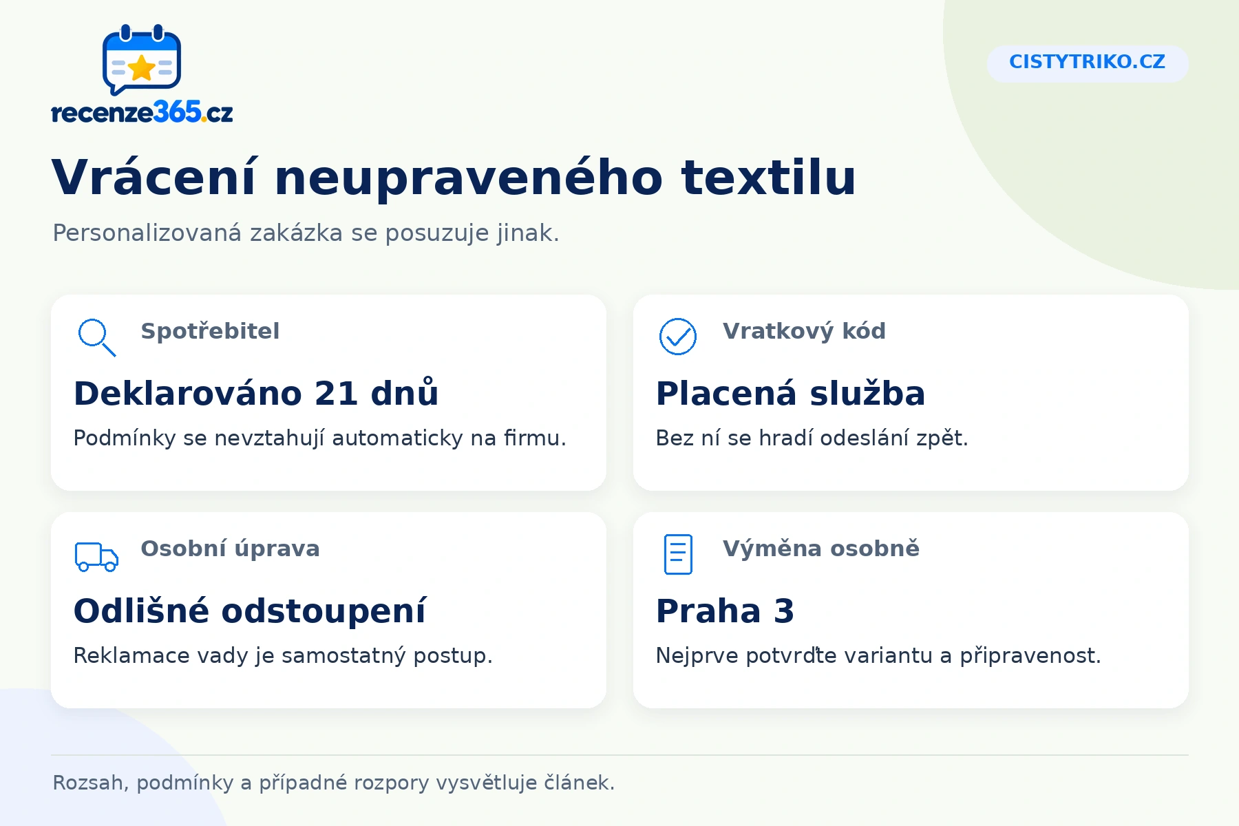 Cistytriko.cz: vrácení neupraveného textilu, Spotřebitel, Vratkový kód, Osobní úprava, Výměna osobně