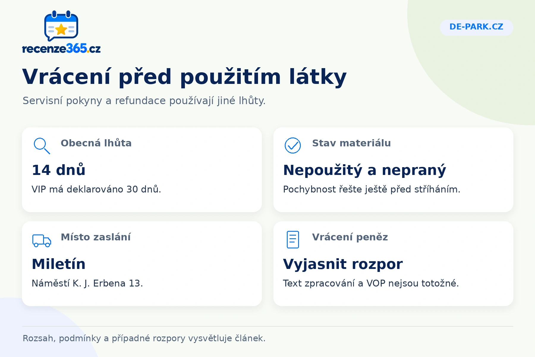 De-park.cz: vrácení před použitím látky, Obecná lhůta, Stav materiálu, Místo zaslání, Vrácení peněz