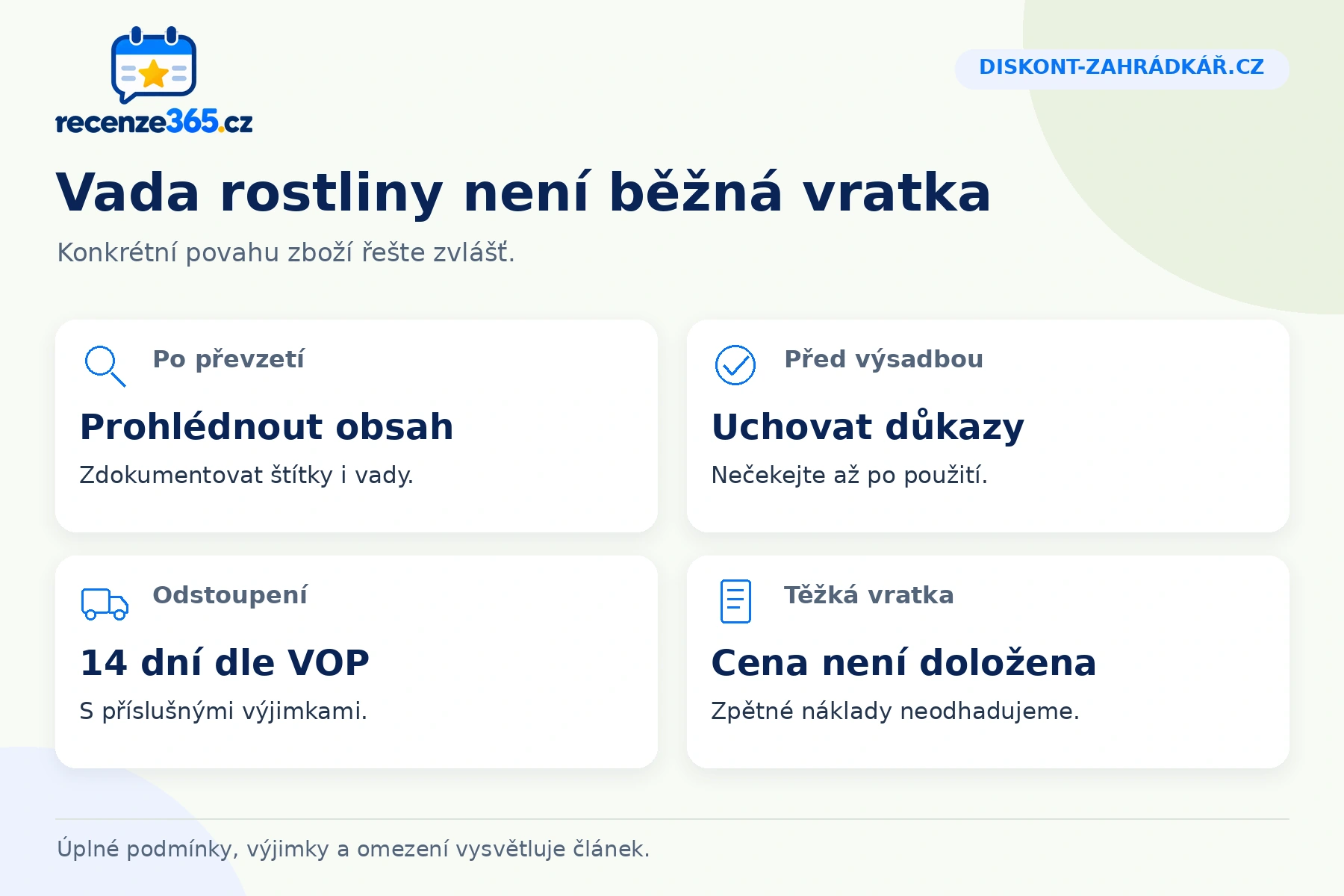 Diskont-zahrádkář.cz: Vada rostliny není běžná vratka, Po převzetí, Před výsadbou, Odstoupení, Těžká vratka