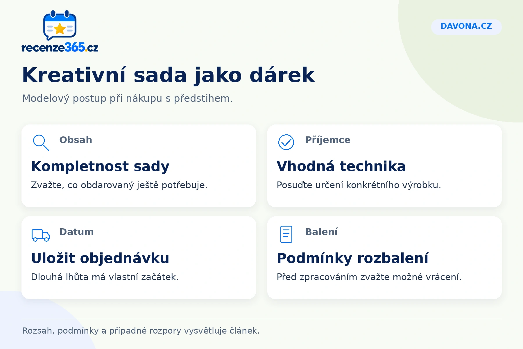 Davona.cz: kreativní sada jako dárek, Obsah, Příjemce, Datum, Balení