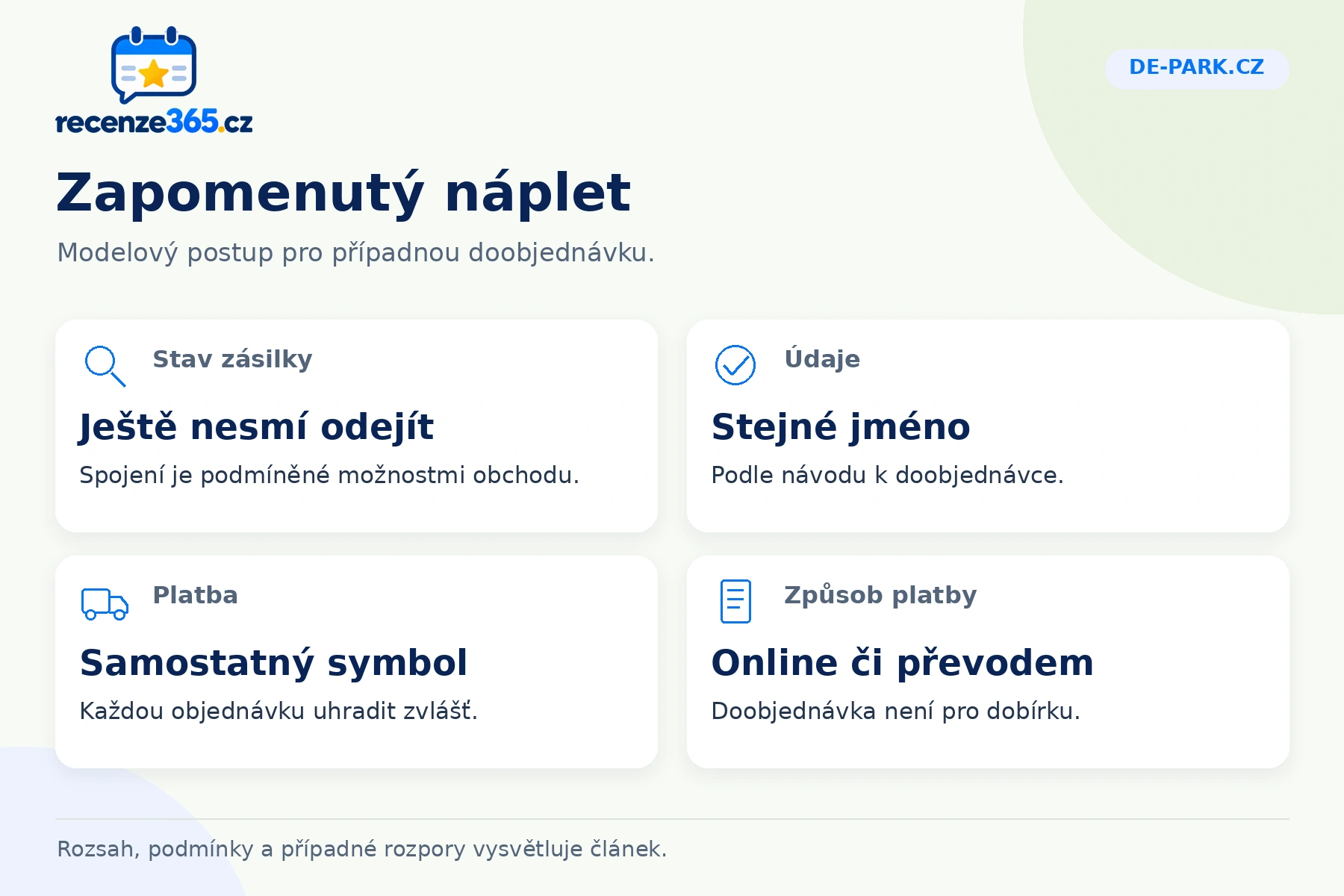 De-park.cz: zapomenutý náplet, Stav zásilky, Údaje, Platba, Způsob platby